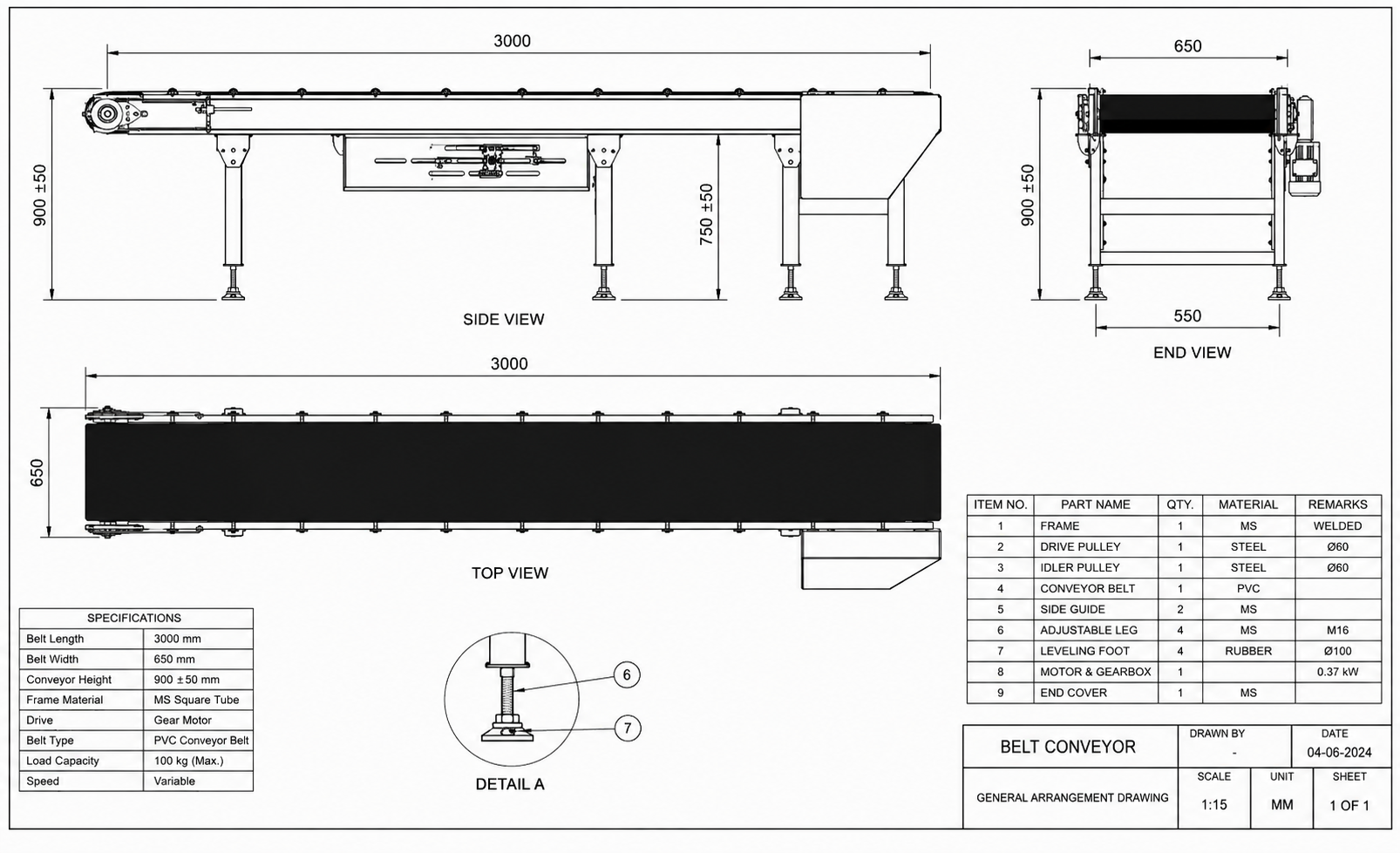 Industrial Conveyor 2D Manufacturing Drawing